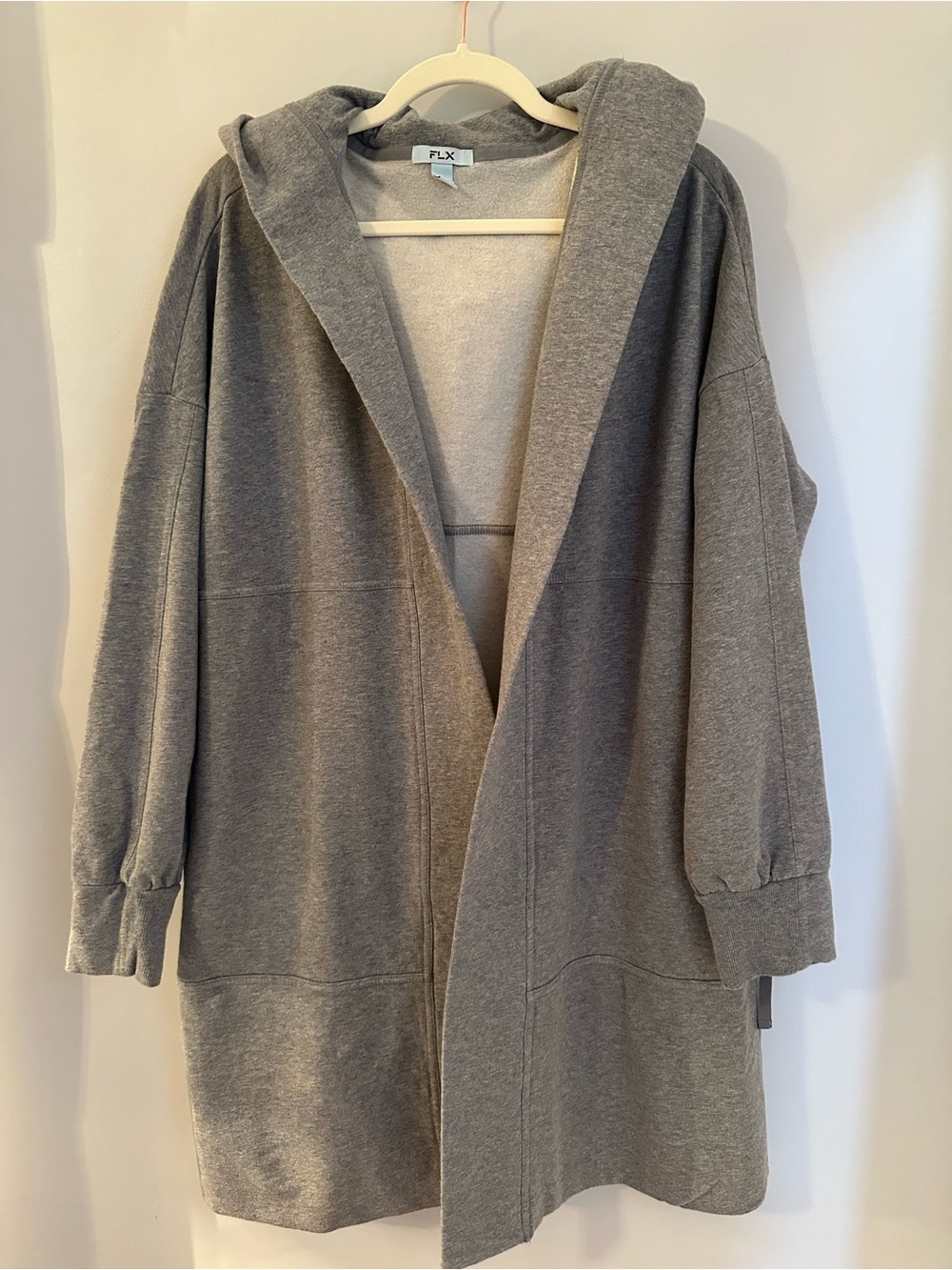 FLX Women’sGray Hooded Open Front Cardigan Jacket Long Duster Fleece Sweatshirt